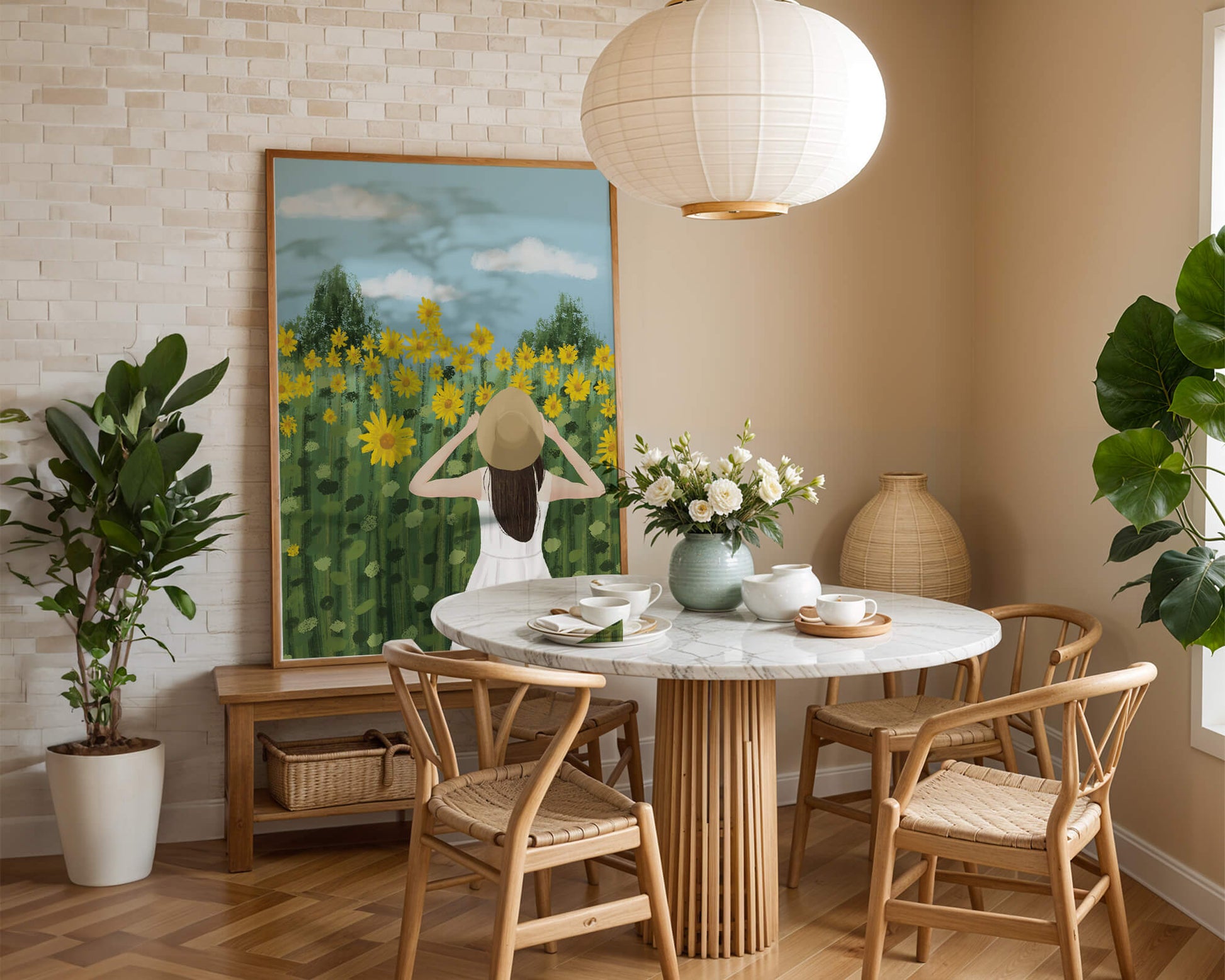 Mujer con vestido blanco admirando un campo de girasoles