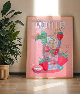 Ilustración de un mojito de fresa con fondo rosa vibrante y diseño juguetón