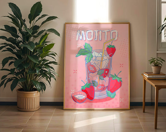 Illustration of a strawberry mojito with vibrant pink background and playful design