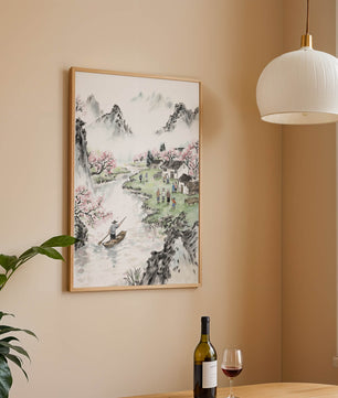 Idyllic Village Scene with Cherry Blossoms and a River