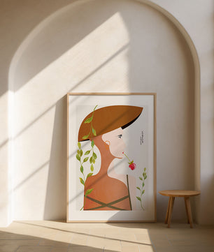 Elegant Abstract Portrait of a Woman with Floral Elements and a Large Hat - Mi tienda