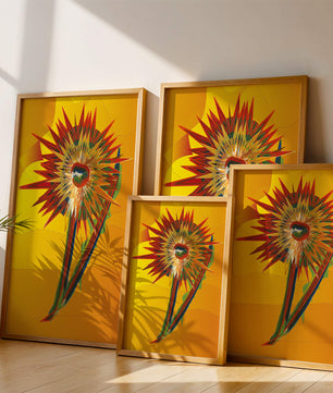 Abstract vibrant sunflower art with dynamic geometric shapes