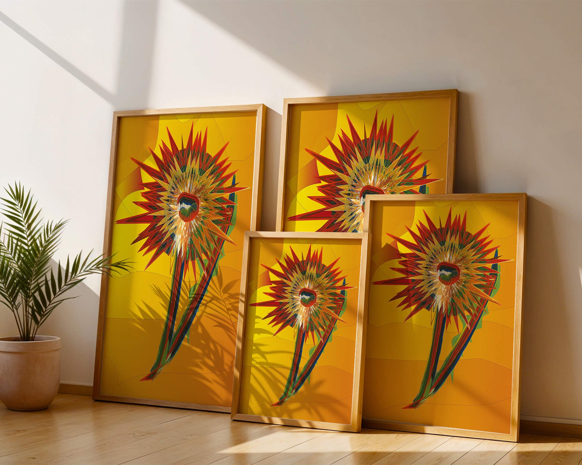 Abstract vibrant sunflower art with dynamic geometric shapes