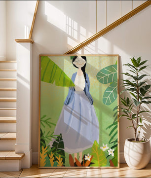 Serene illustration of a woman in nature with tropical leaves