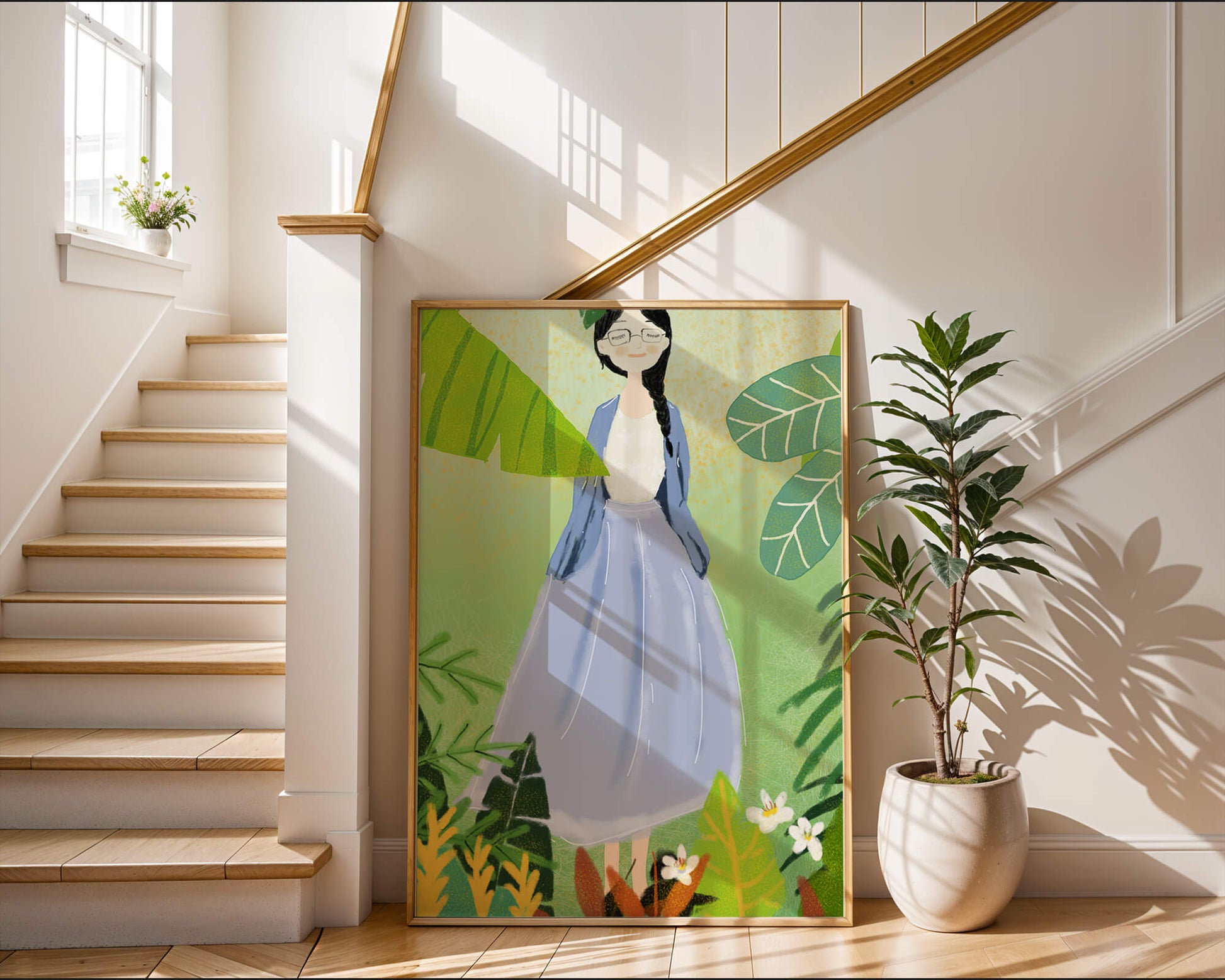 Serene illustration of a woman in nature with tropical leaves
