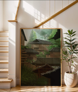 Traditional Japanese Architectural Scene with Lush Greenery