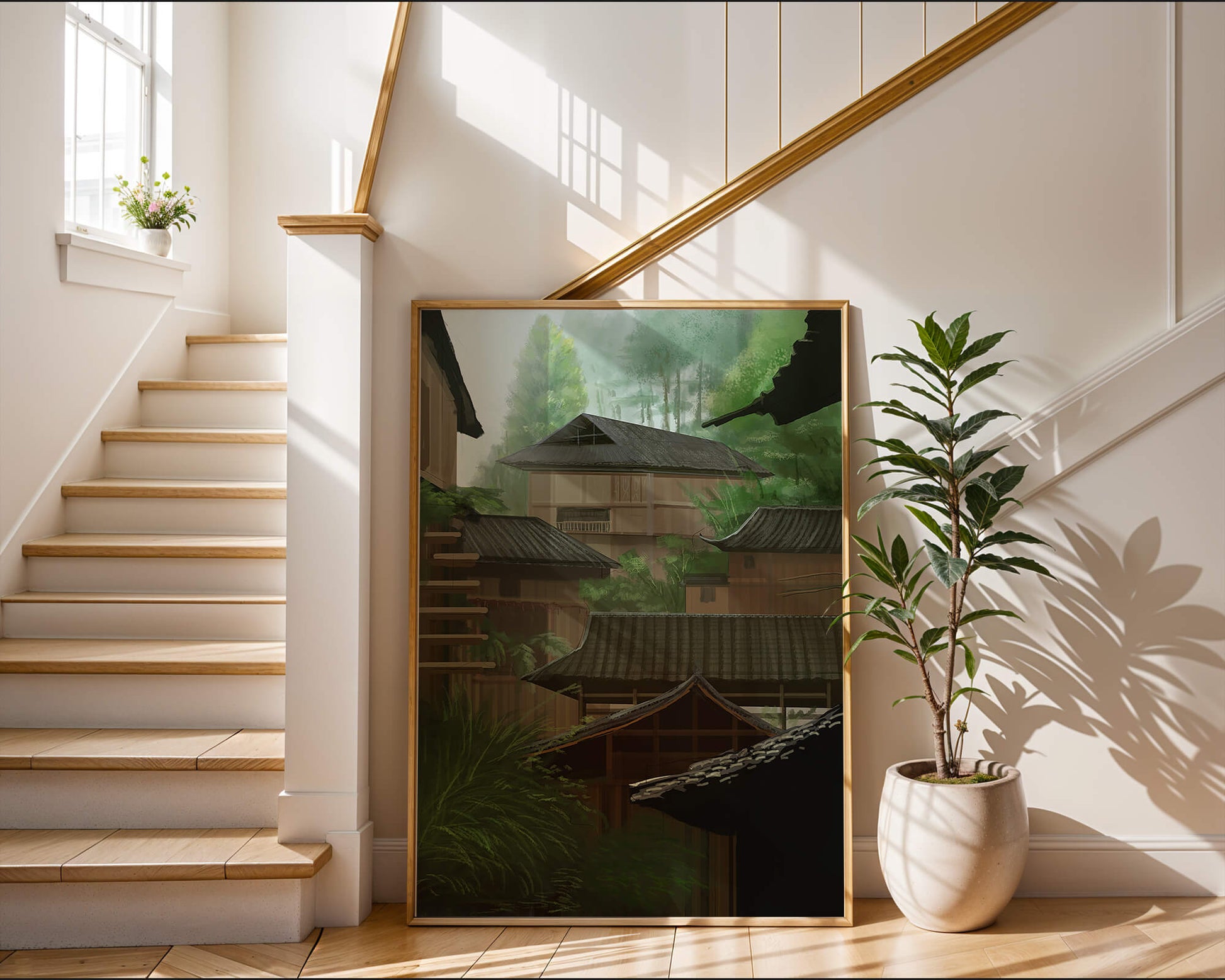 Traditional Japanese Architectural Scene with Lush Greenery