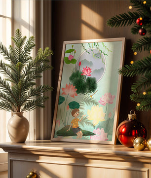 Serene illustration of a child in a lotus garden with vibrant flora