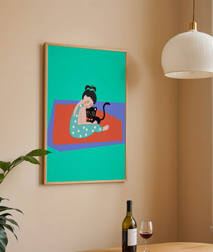 Gemütliche Illustration eines Mädchens, das eine Katze auf einer bunten Matte umarmt
