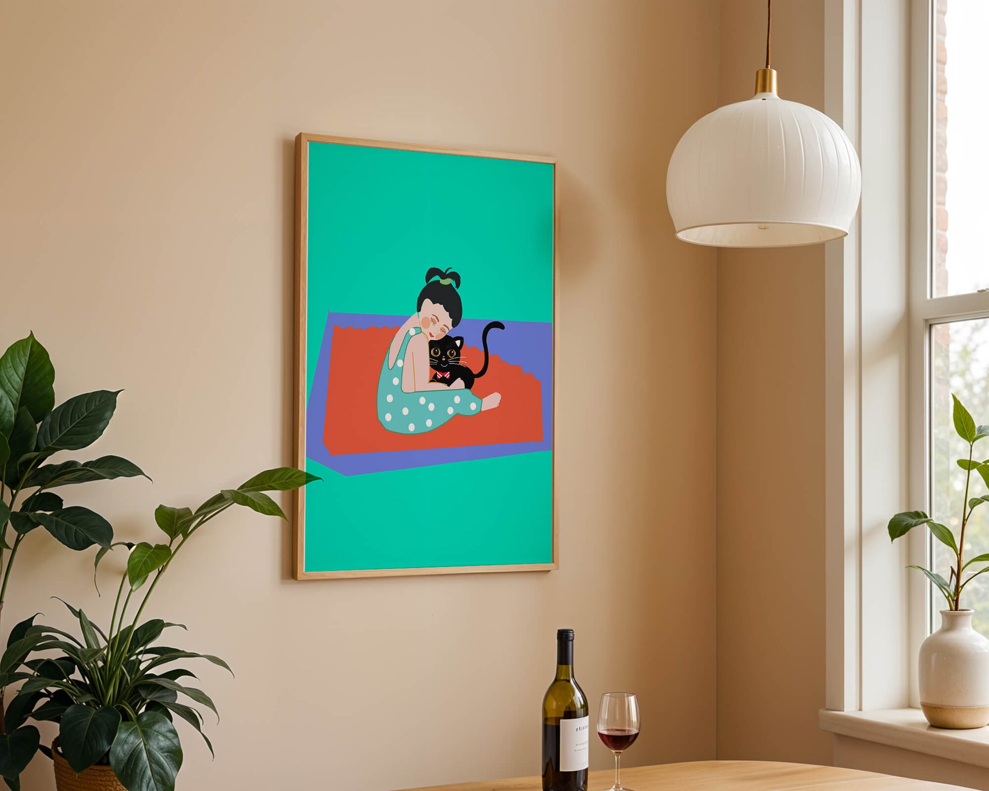 Gemütliche Illustration eines Mädchens, das eine Katze auf einer bunten Matte umarmt