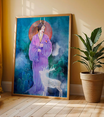 Elegant woman in traditional attire with a mystical deer set against a serene backdrop