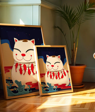 Japanese Lucky Cat with Fish Design in a Surreal Landscape