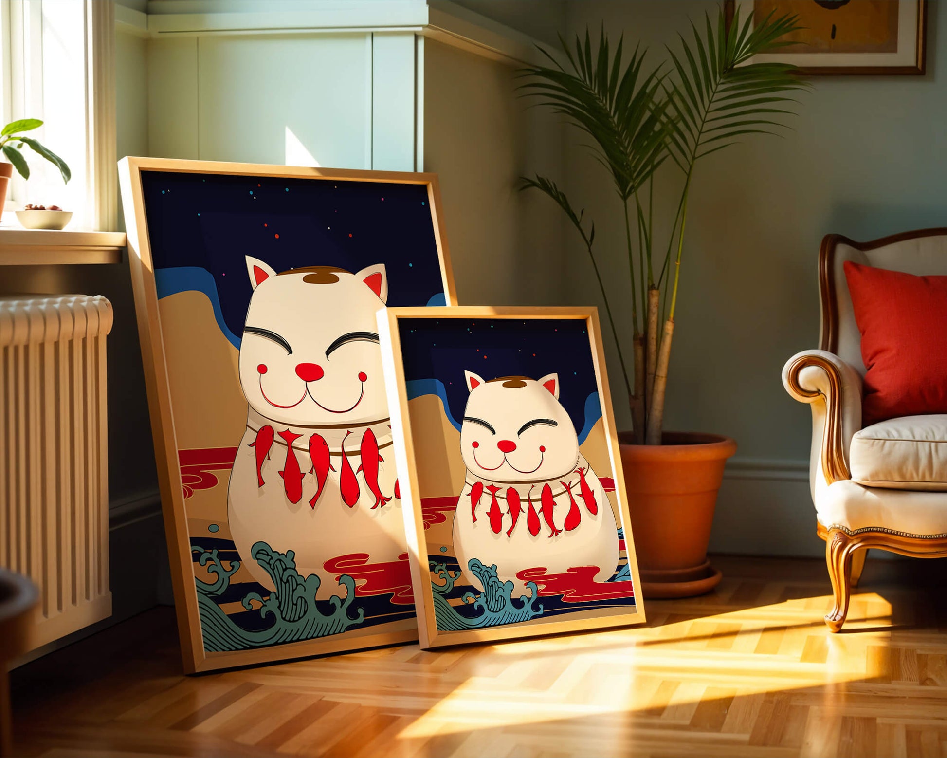 Japanese Lucky Cat with Fish Design in a Surreal Landscape