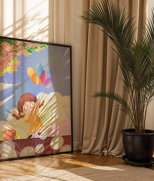 Whimsical illustration of a girl with balloons under vibrant pink blossoms
