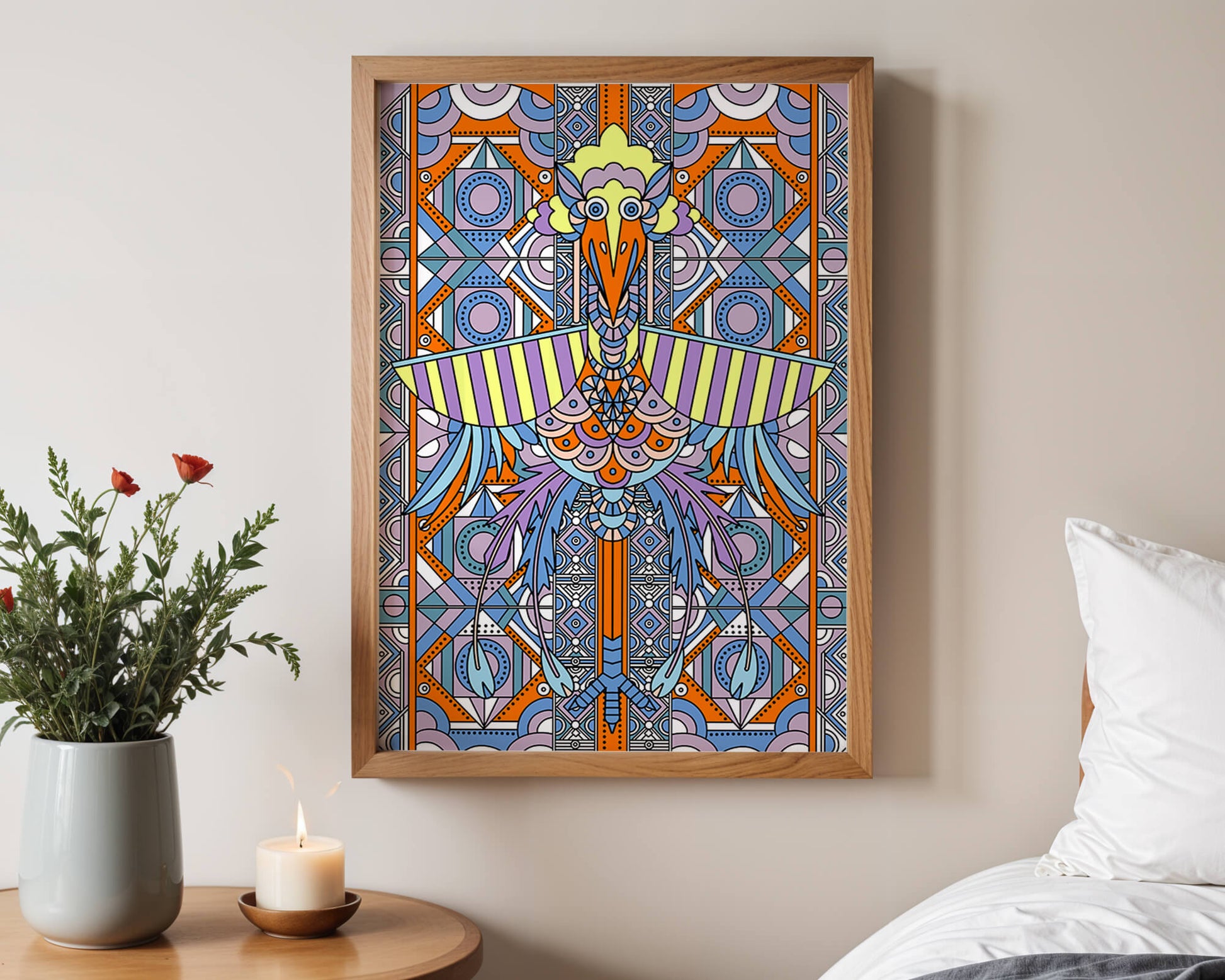 Arte geométrico de aves con patrones coloridos y detalles intrincados