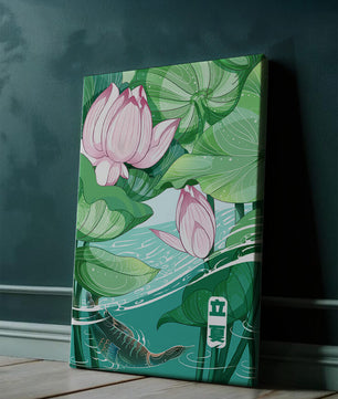 Illustration nature sereine avec fleurs de lotus et vie aquatique