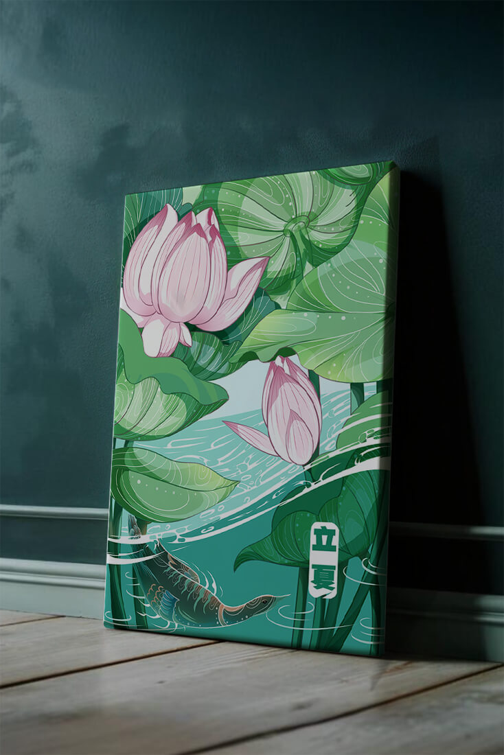 Ilustración de la naturaleza serena con flores de loto y vida acuática