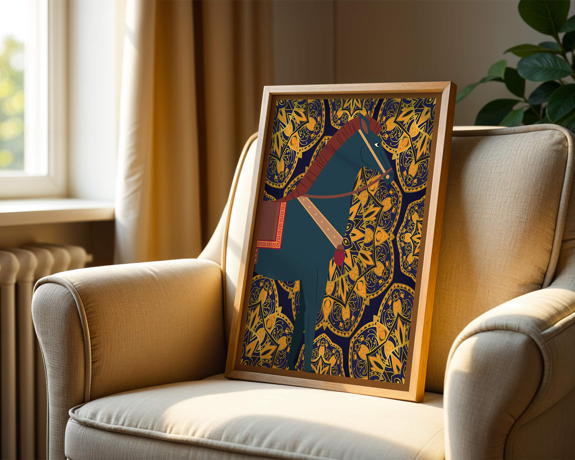Stylized horse illustration on intricate golden pattern background