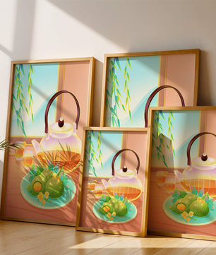 Tea set with green treats and bamboo leaves in serene setting