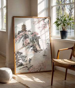 Tranquil Landscape with Cherry Blossoms and Traditional Pagoda