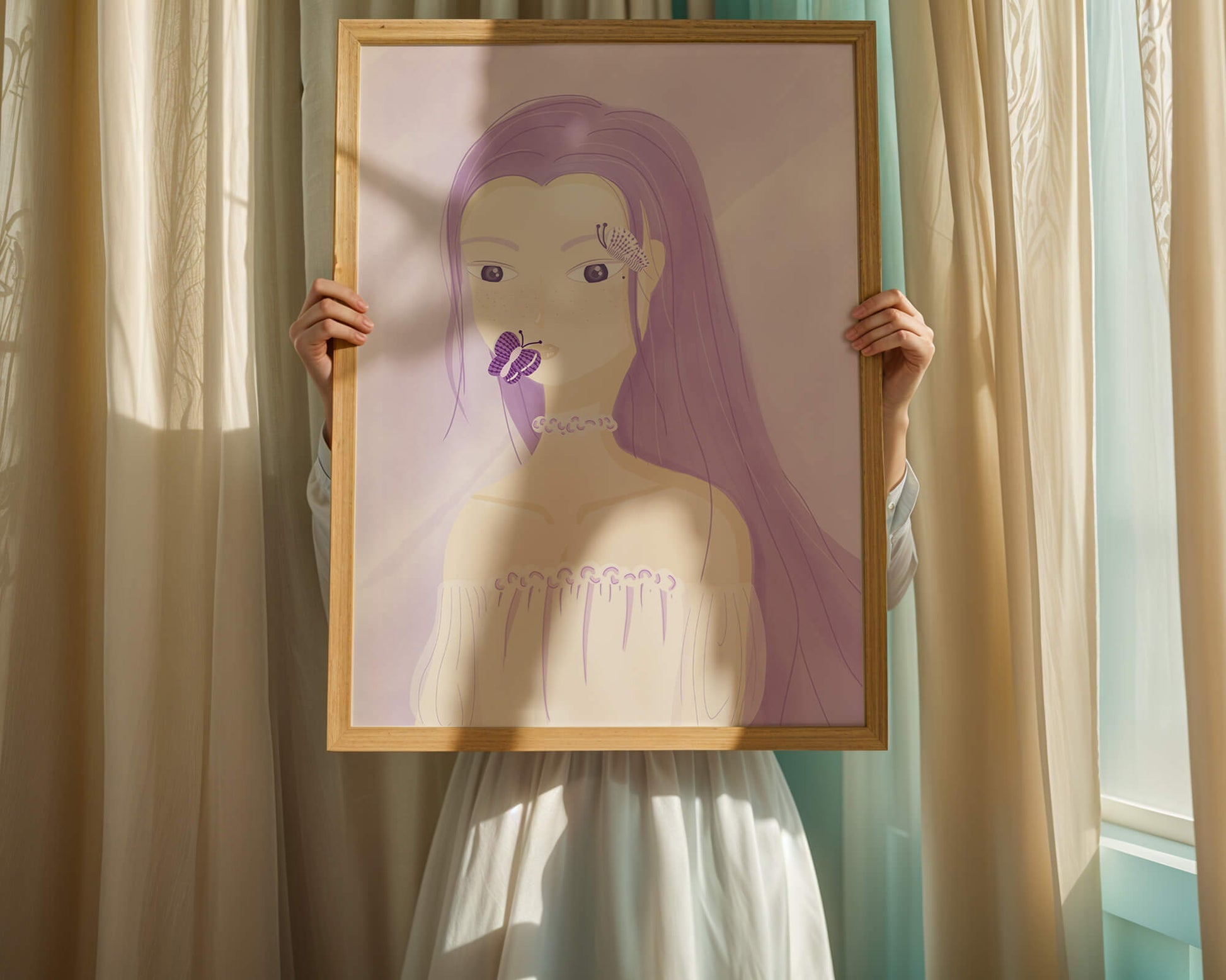 Illustration of a woman with purple hair and butterflies