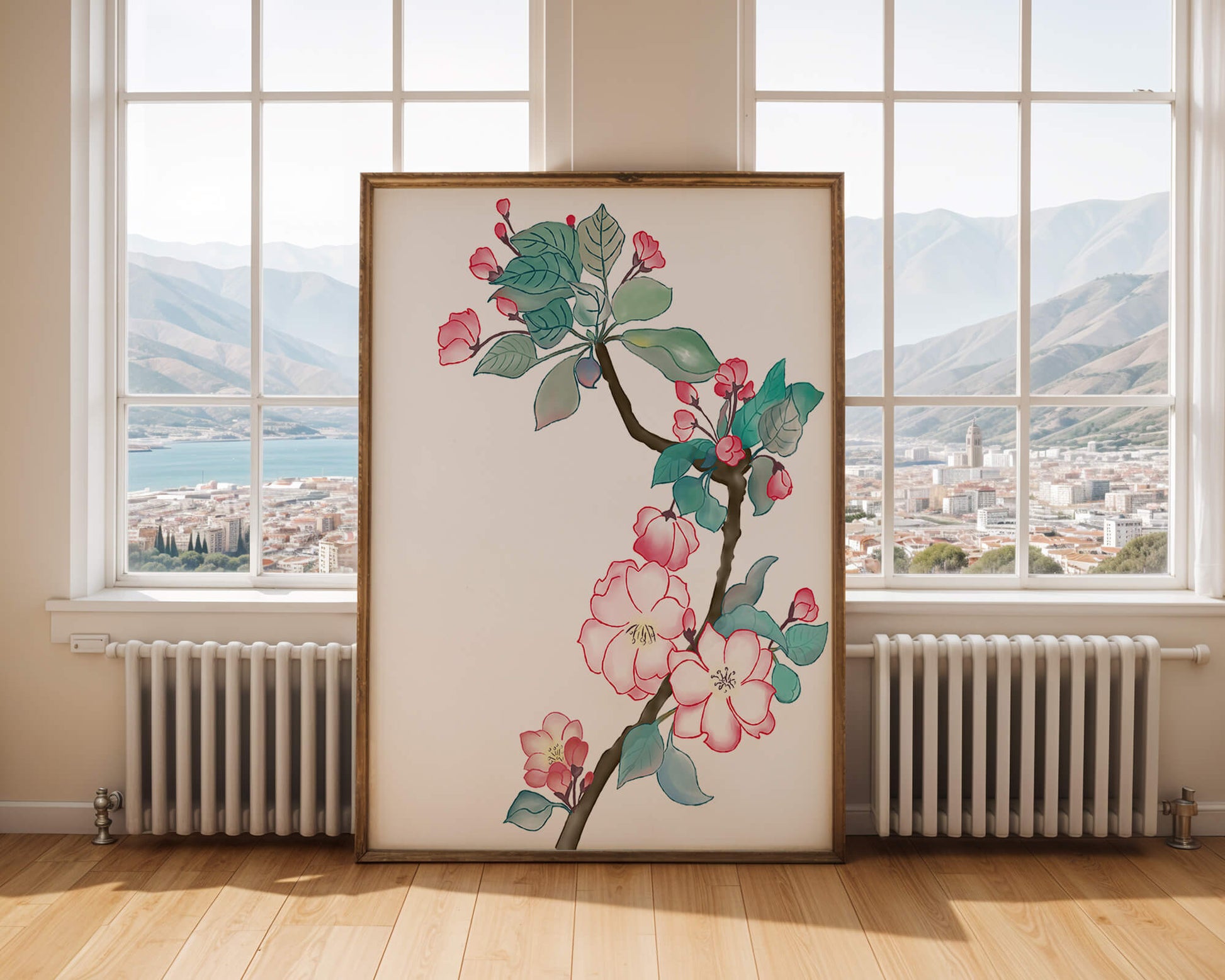 Rama delicada de cerezo en flor a la acuarela con hojas y flores vibrantes