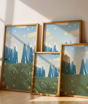 Landschaft mit schneebedeckten Bergen und Blumen im Cartoon-Stil