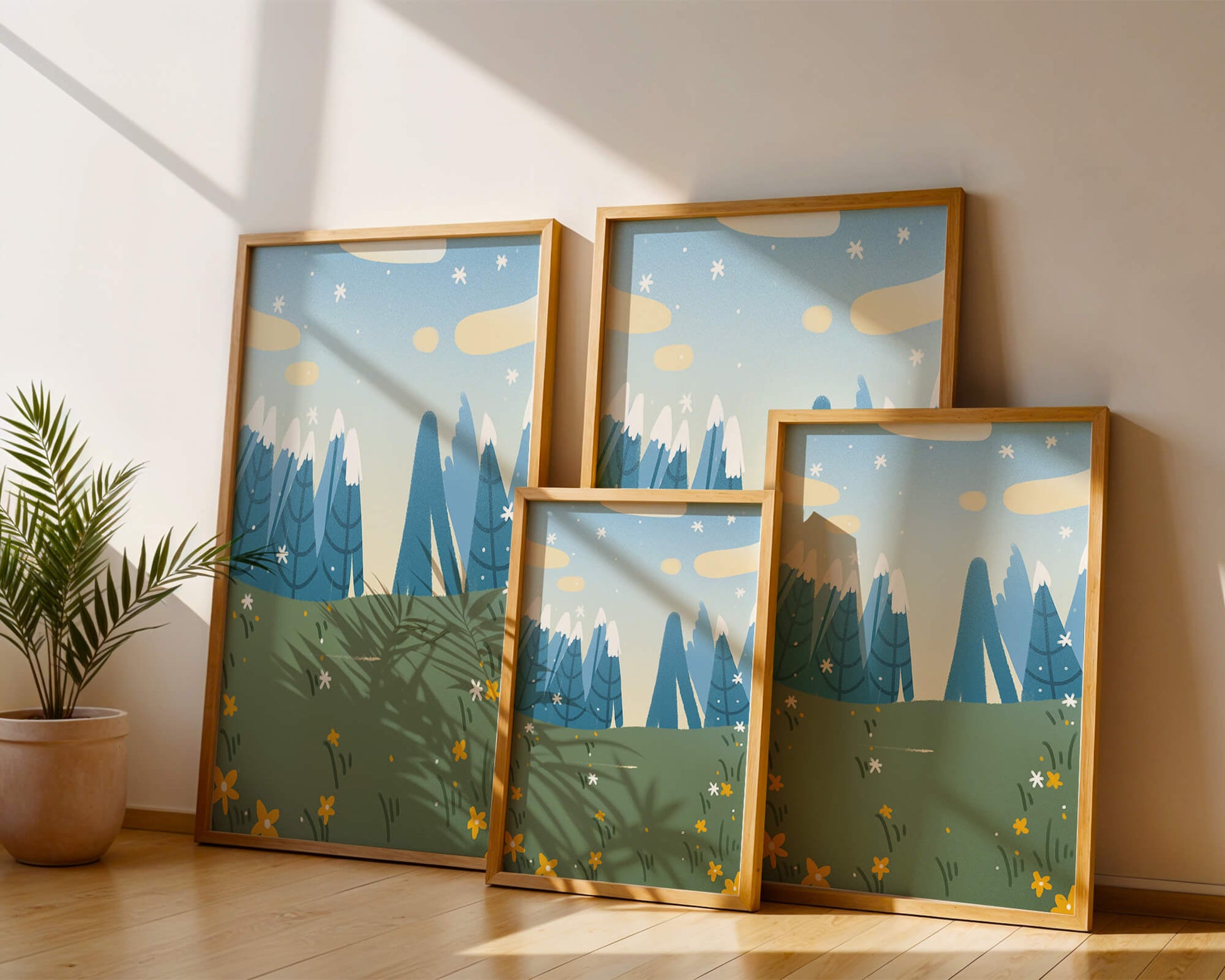 Landschaft mit schneebedeckten Bergen und Blumen im Cartoon-Stil