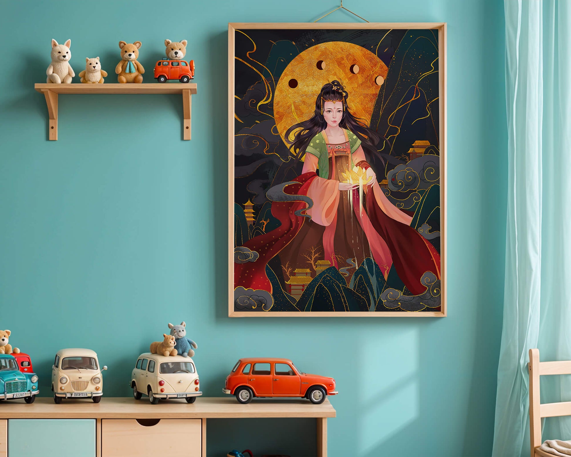 Elegante representación de una figura mítica con un fondo celestial dorado.