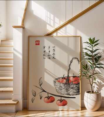 Traditional Asian art print of persimmons in a wicker basket