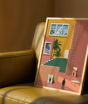 Surreale Architekturlandschaft mit tropischen Elementen und abstrakten Figuren