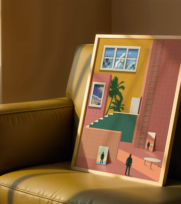 Surreal architectural landscape with tropical elements and abstract figures