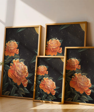 Fantasía floral elegante con flores naranjas vibrantes y un brillo dorado