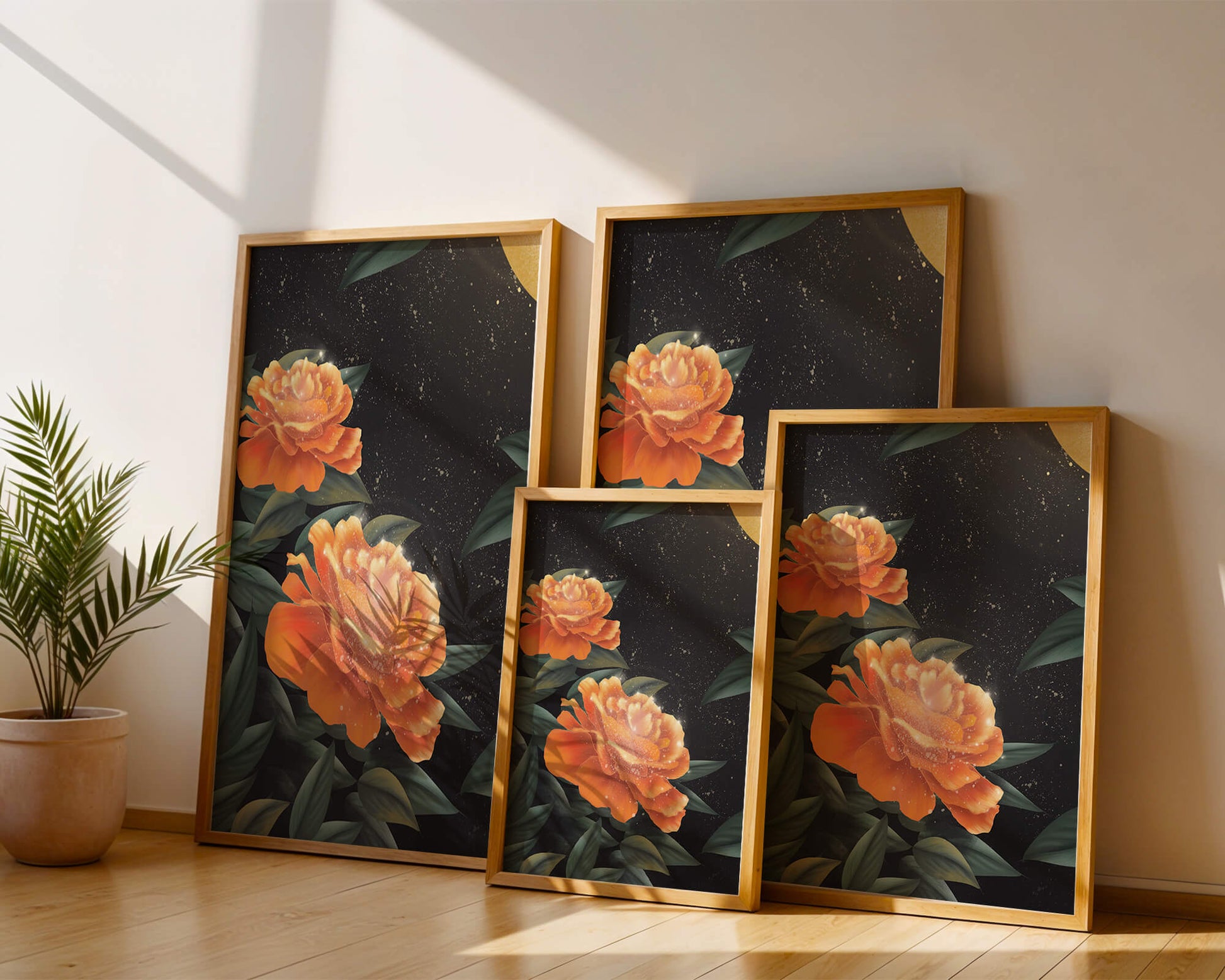 Fantasía floral elegante con flores naranjas vibrantes y un brillo dorado