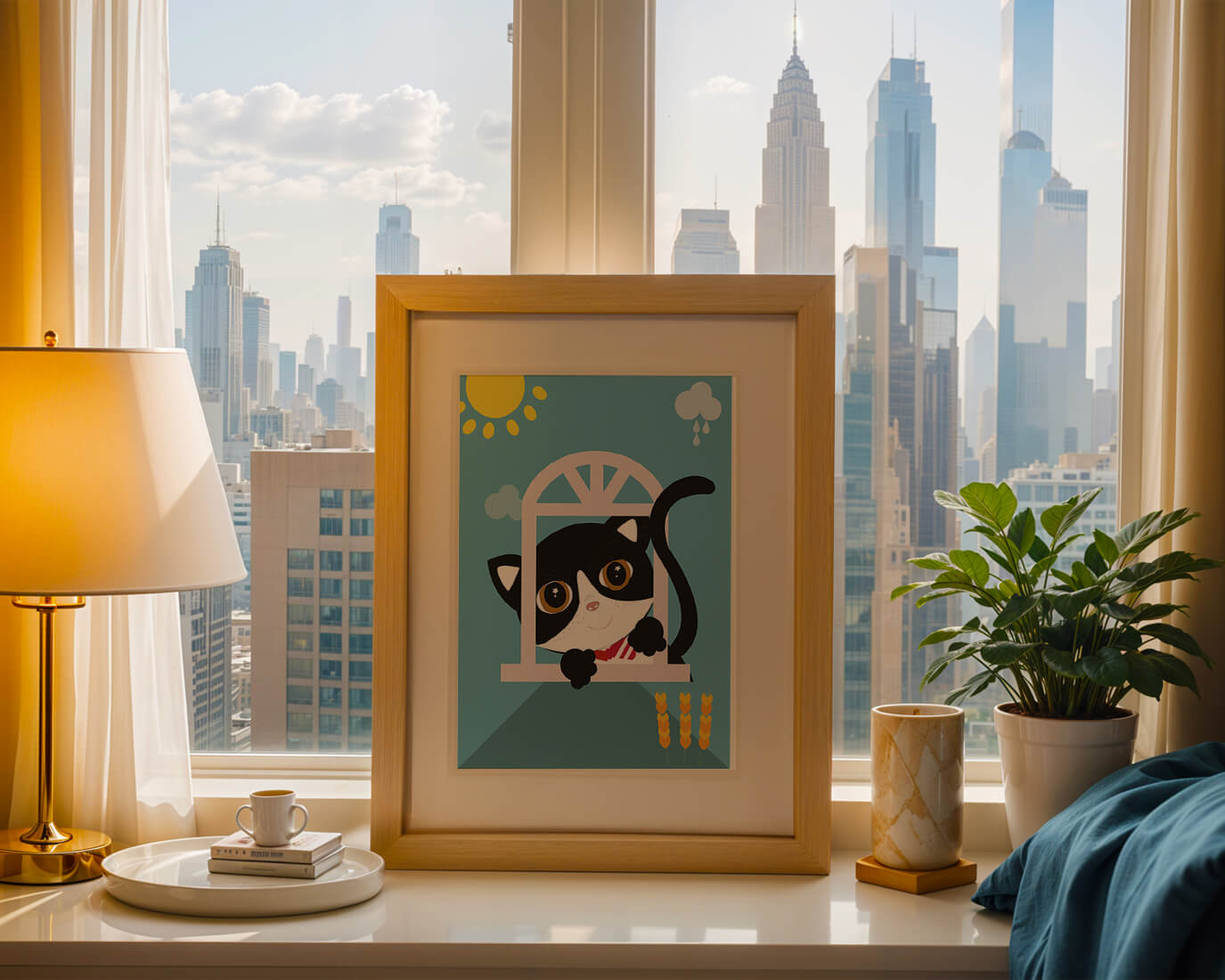Un encantador gato blanco y negro se asoma por la ventana bajo el sol brillante.