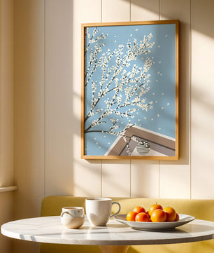 Blooming Branches Against a Clear Sky with Geometric Shapes