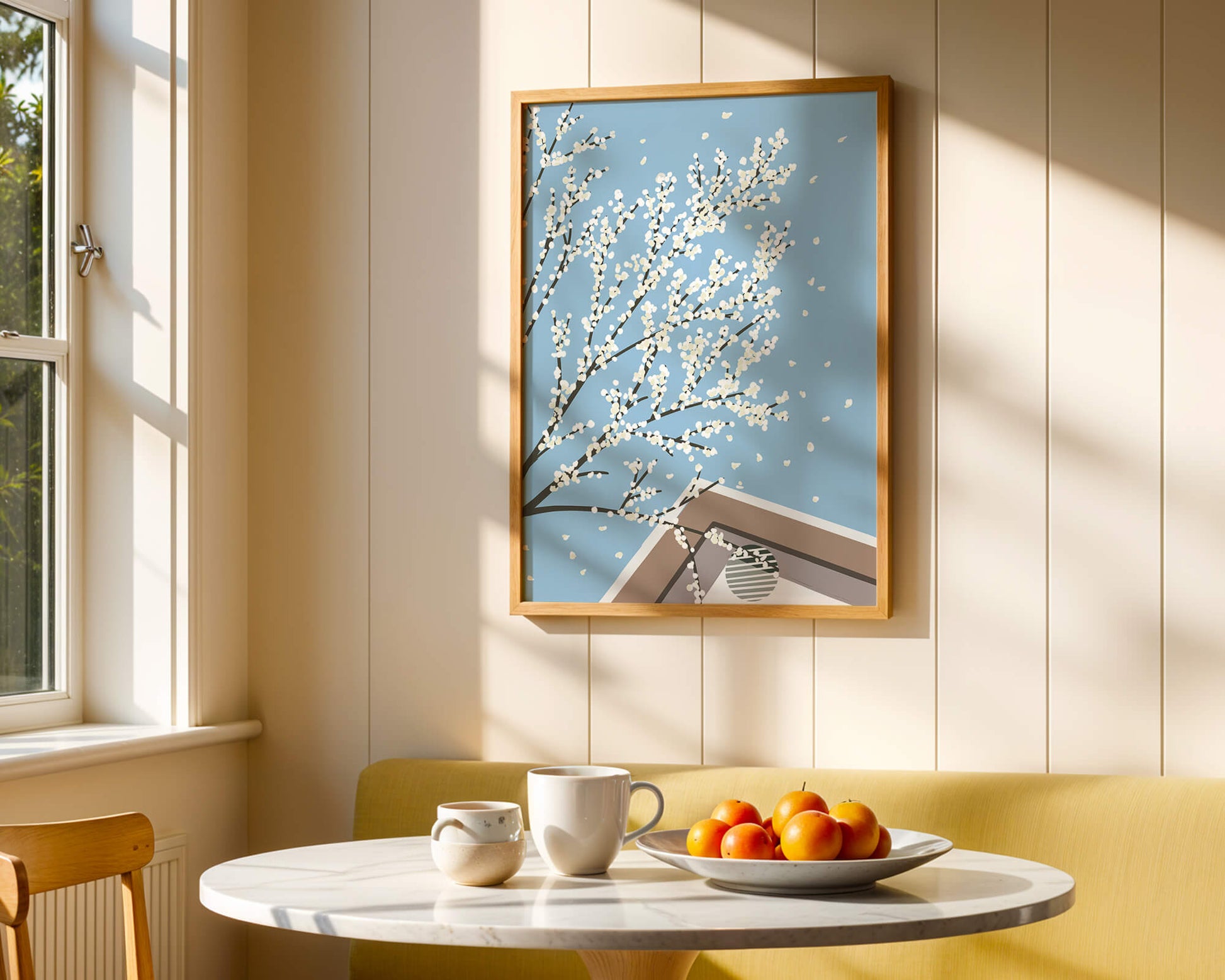 Blooming Branches Against a Clear Sky with Geometric Shapes