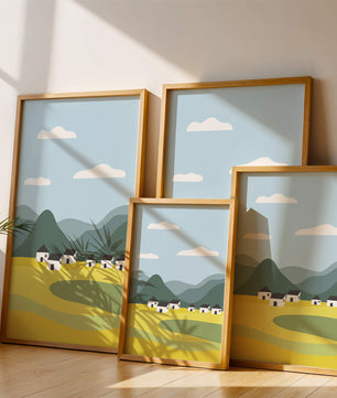 Pastoral Landscape with Mountains and Houses Under Blue Sky