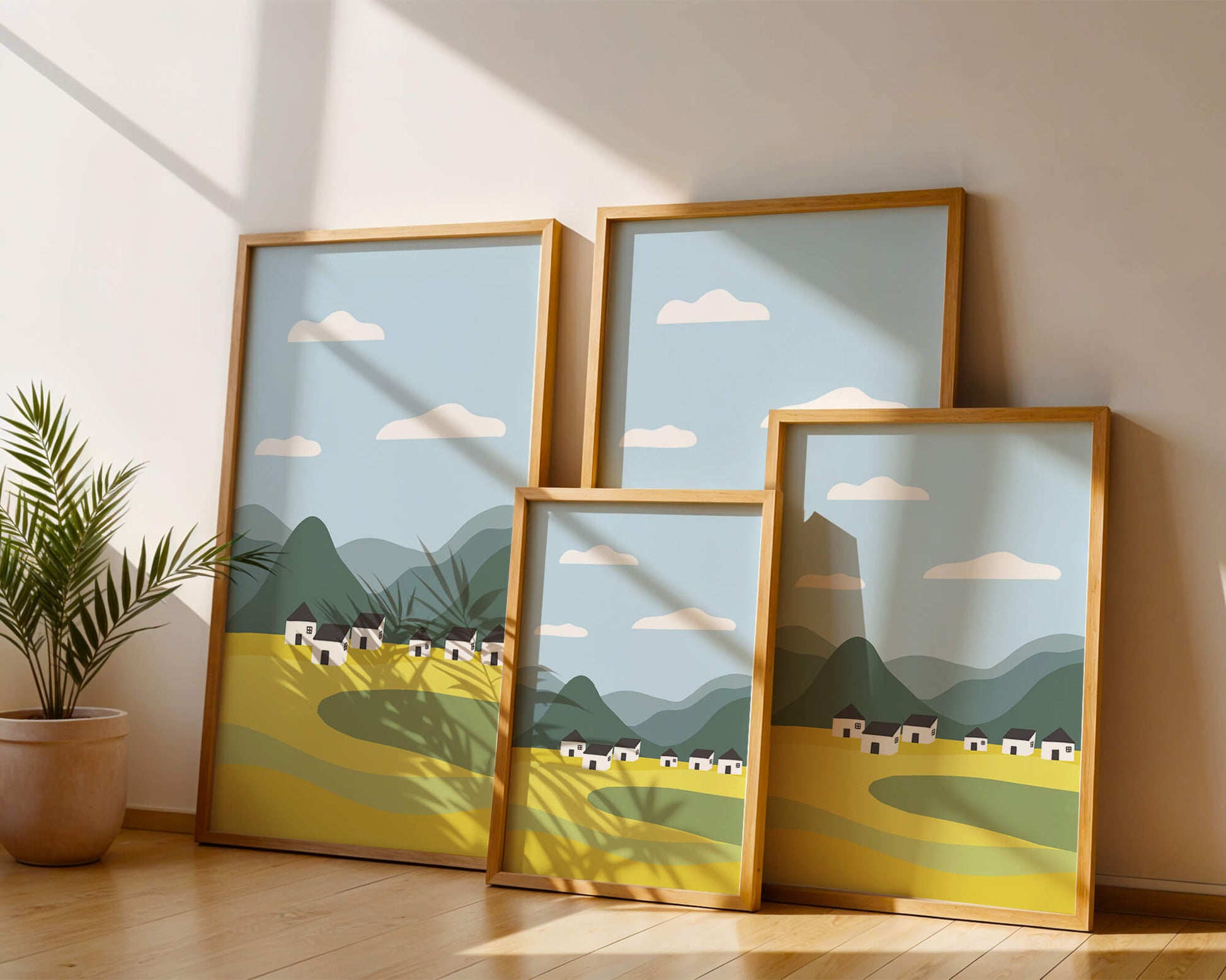 Pastoral Landscape with Mountains and Houses Under Blue Sky