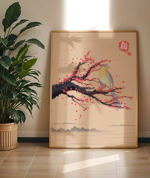 Oiseau serein sur une branche de cerisier dans le style artistique asiatique traditionnel