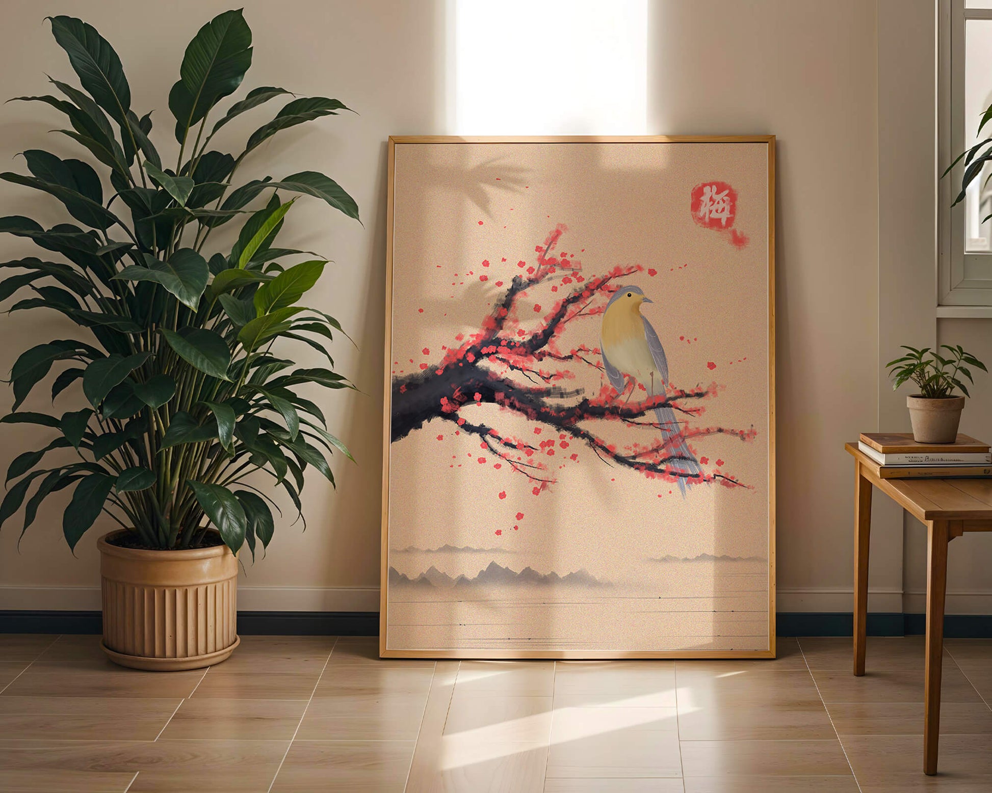 Serene bird on cherry blossom branch in traditional Asian art style