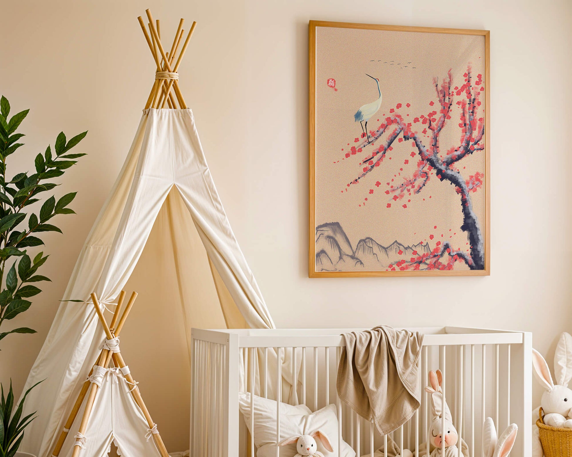 Elegant crane on cherry blossom tree with mountainous background