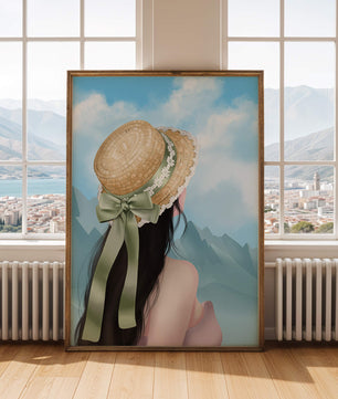 Woman with straw hat and mountain view under blue sky