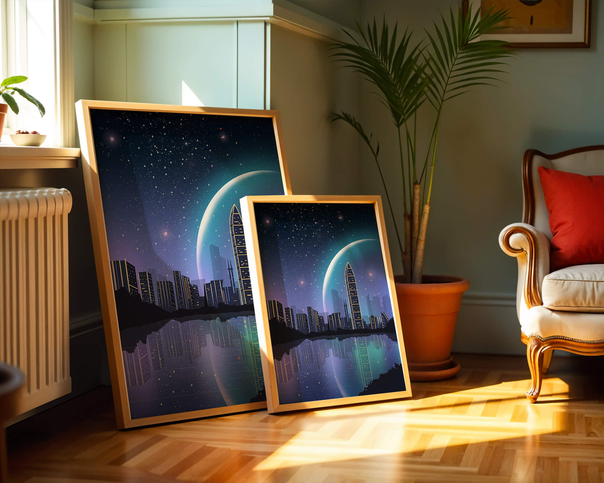 Futuristic cityscape under a starry night sky