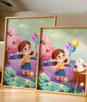 Charming Landscape with Girl Holding Balloons and White Bunny in Enchanted Forest