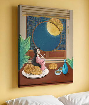 Tranquila escena nocturna con pasteles de luna y una figura mítica