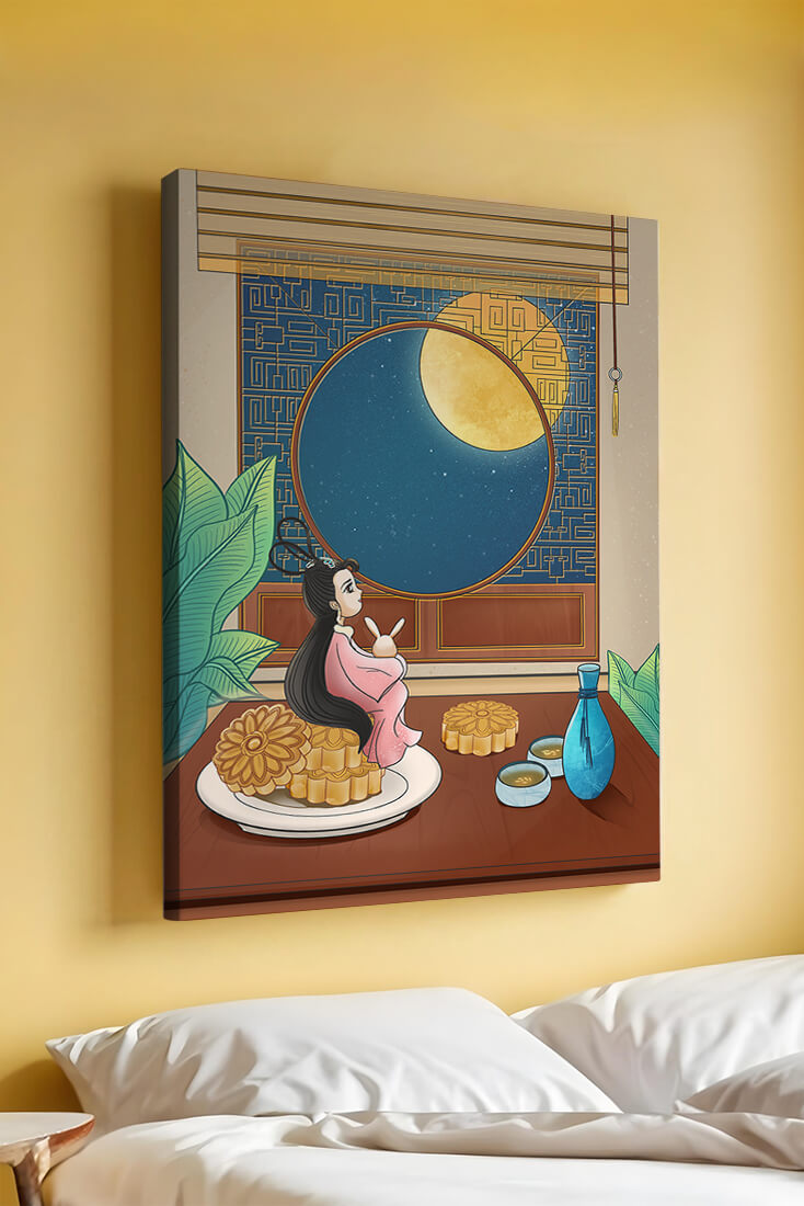 Tranquila escena nocturna con pasteles de luna y una figura mítica