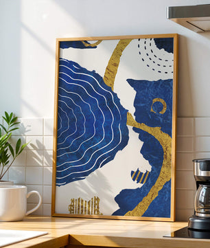 Abstract blue and gold textured artwork with wave patterns