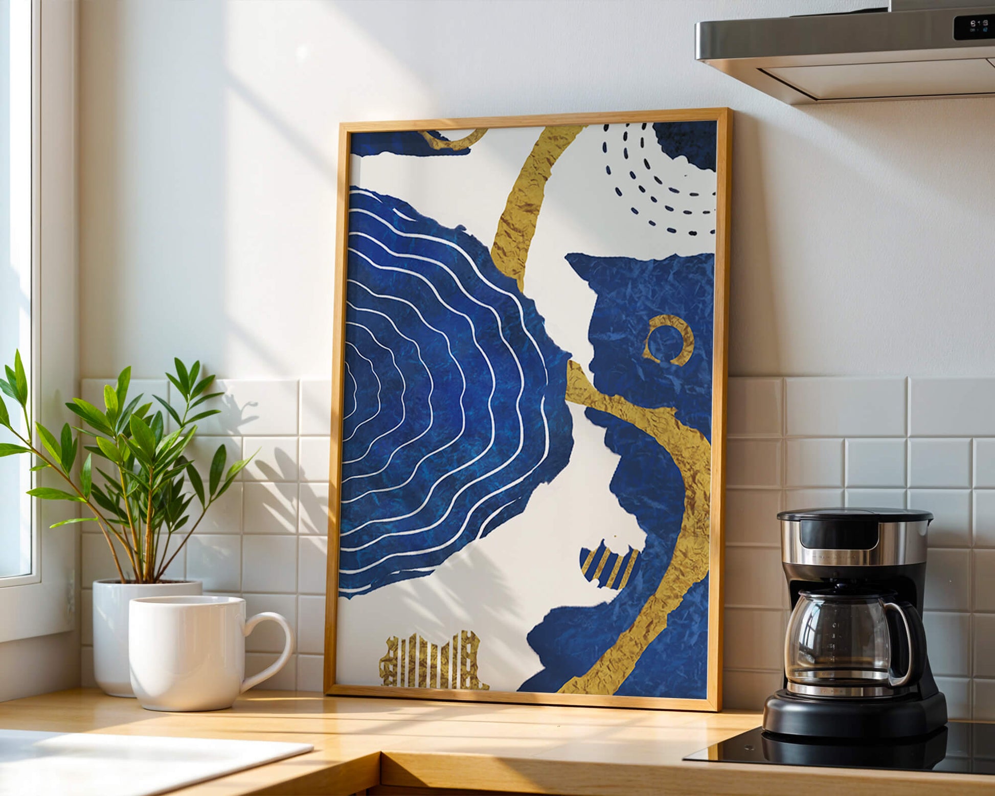 Abstract blue and gold textured artwork with wave patterns