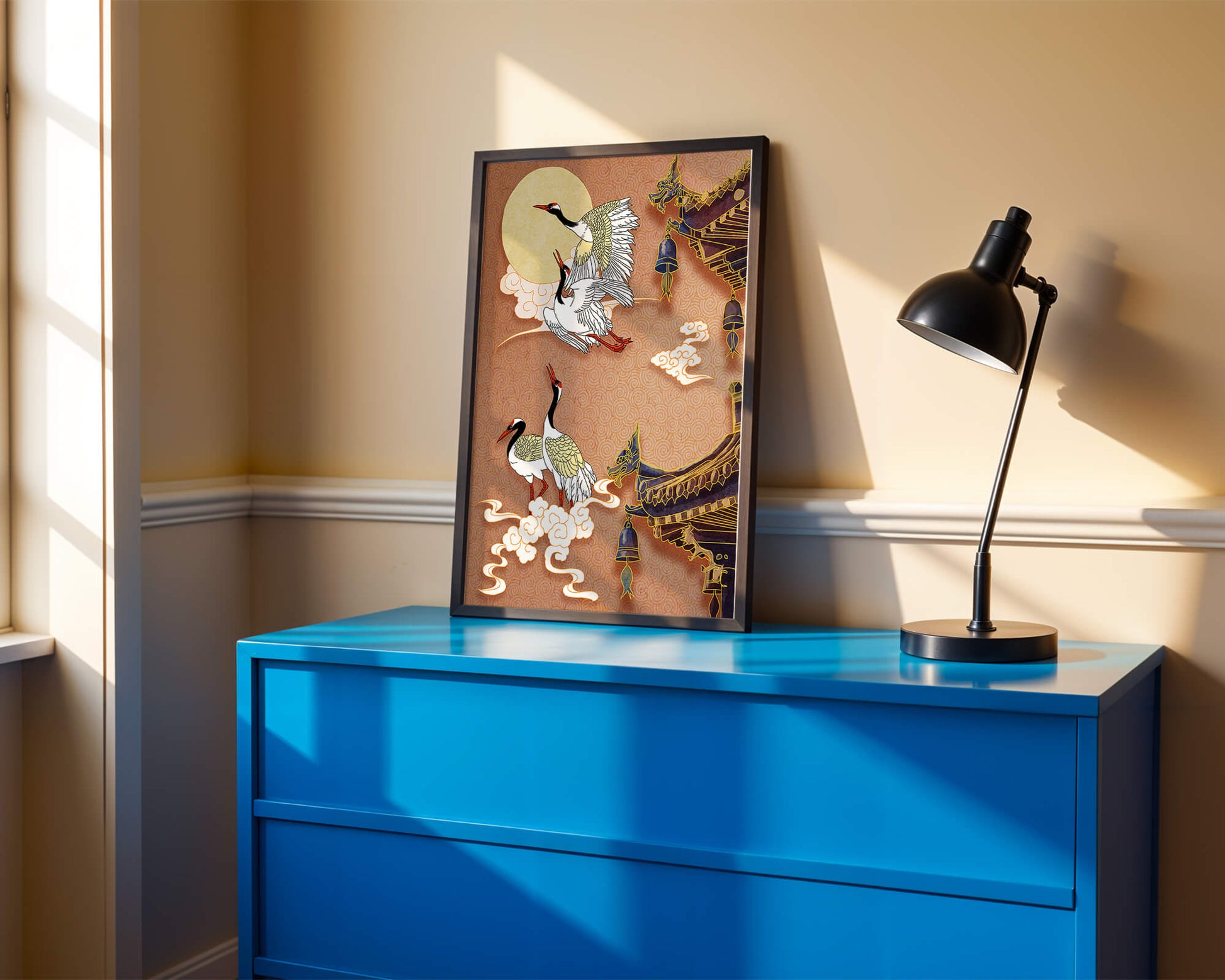 Oriental crane art with golden accents and architectural design